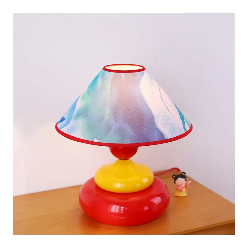 Traditional Vintage Iron Fabric Conic Round Pastel 1-Light Table Lamp For Bedside