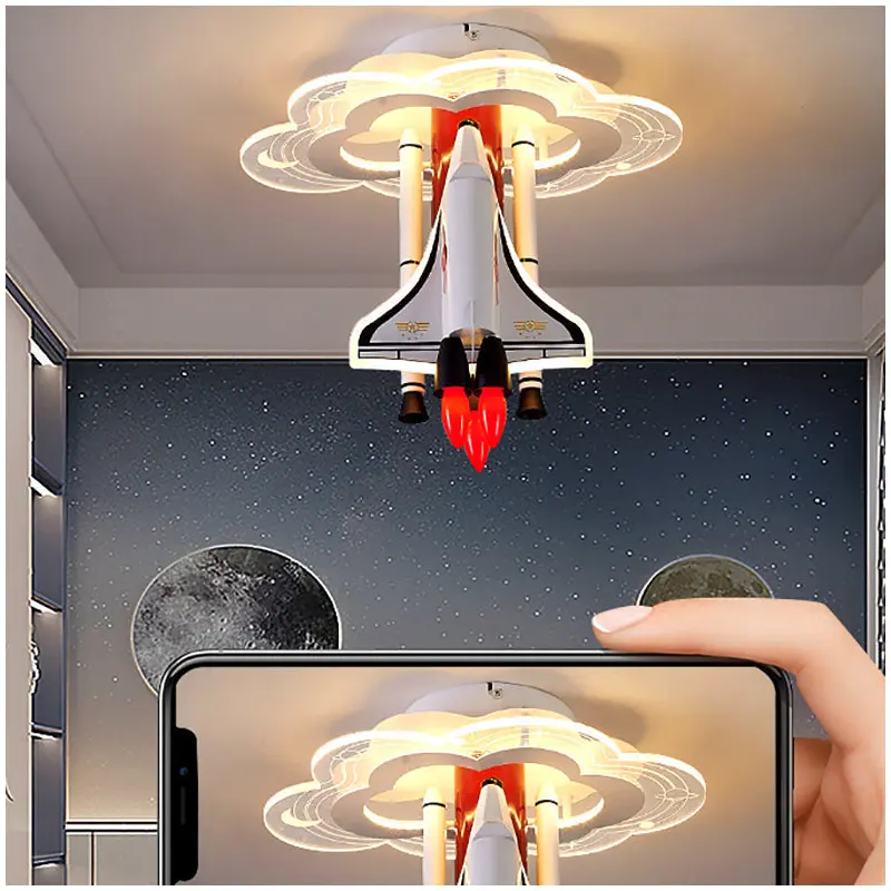 Contemporary Creative Iron Cartoon Aerospace Rocket Acrylic LED Kids Flush Mount Ceiling Light For Living Room