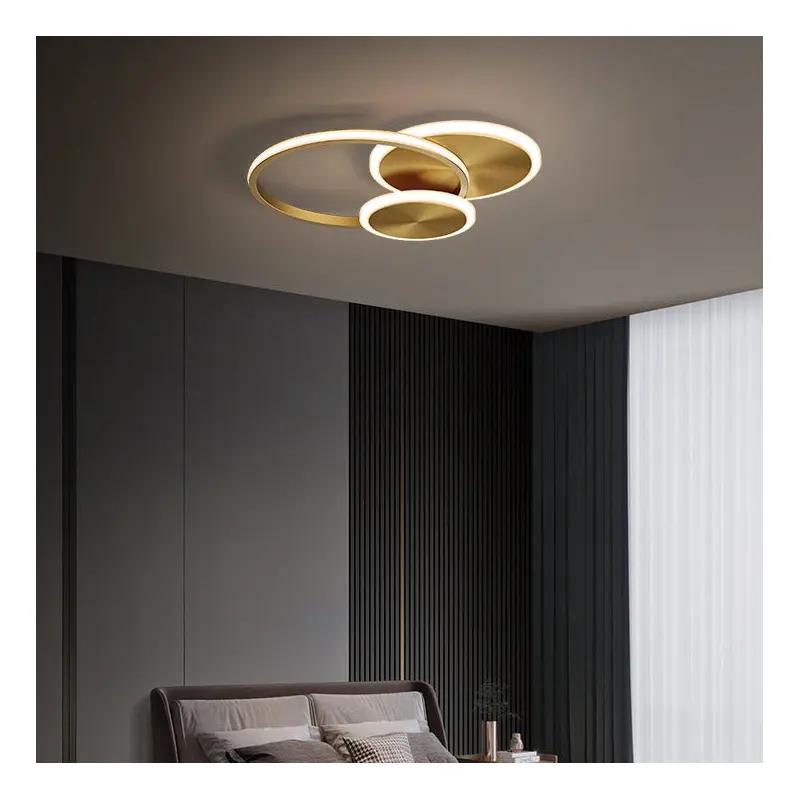Modern Minimalist Triple Circle Full Copper Acrylic LED Flush Mount Ceiling Light For Bedroom