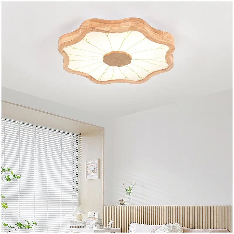 Traditional Chinese Lotus Leaf Wooden Iron Acrylic LED Flush Mount Ceiling Light For Living Room