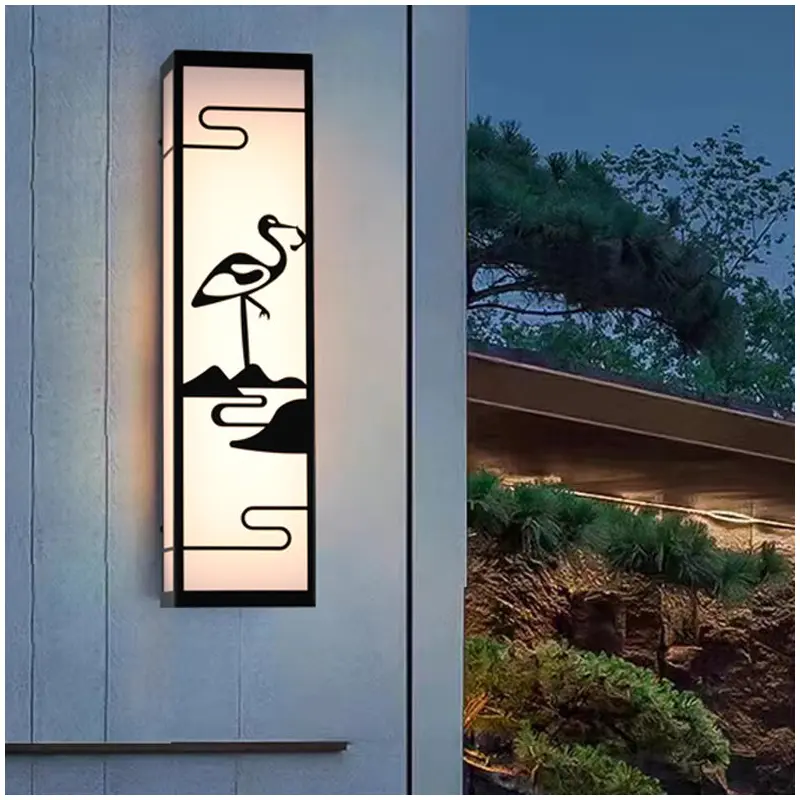 Traditional Chinese Crane Rectangle Shade LED Waterproof Wall Sconce Lamp For Outdoor Patio