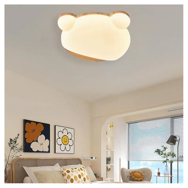 Contemporary Creative Bear Rubberwood Acrylic LED Flush Mount Ceiling Light For Bedroom