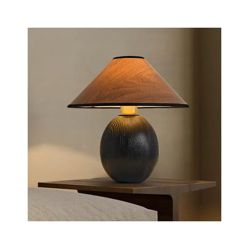 Traditional Japanese Round Trapezoidal Solid Wood Fabric 1-Light Table Lamp For Bedroom