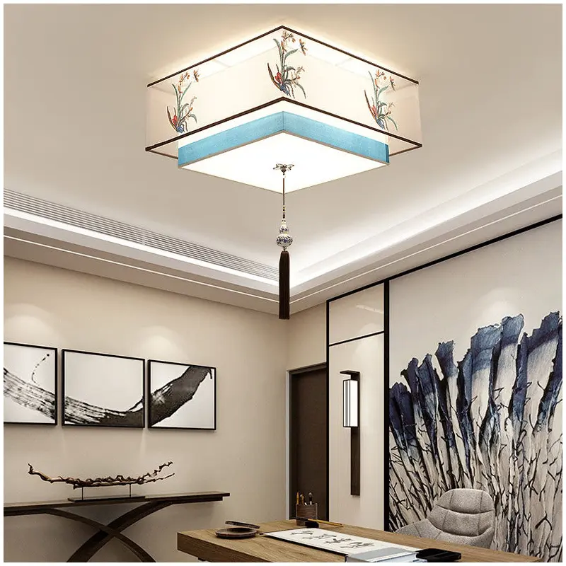 Traditional Chinese Iron Embroidered Fabric Shade 4-Light Flush Mount Ceiling Light For Bedroom