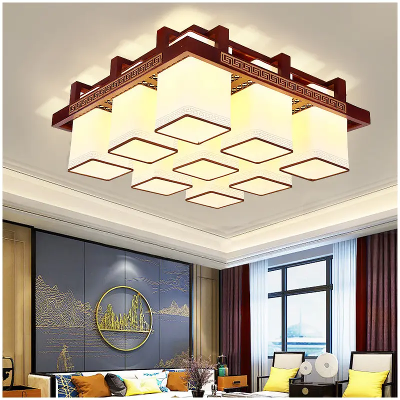 Traditional Chinese Square Round Faux Sheepskin Wood 6/9 Light Flush Mount Ceiling Light For Bedroom