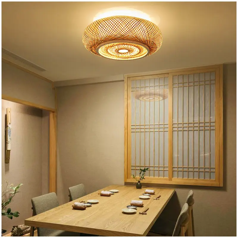 Traditional Vintage Round Skeleton Bamboo PVC 1-Light Flush Mount Ceiling Light For Living Room