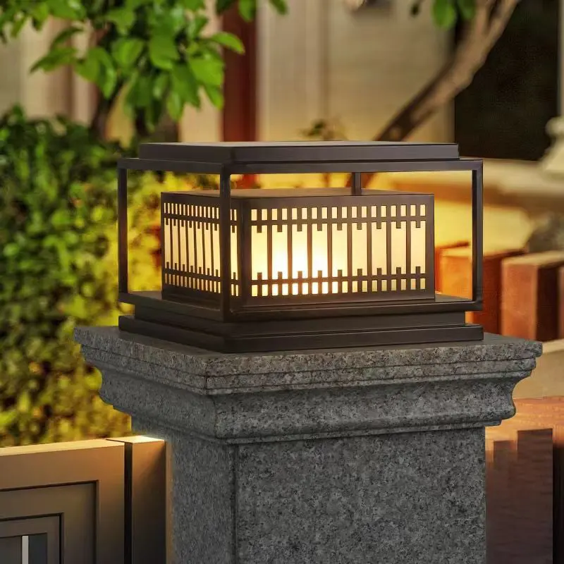 Traditional Chinese Square Stainless Steel Glass 1-Light Post Head Light For Garden