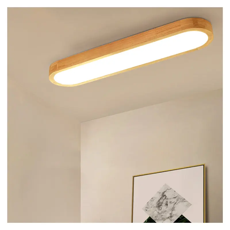 Traditional Japanese Rectangular Solid Wood Acrylic LED Flush Mount Ceiling Light For Living Room