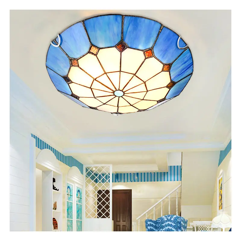 Traditional Tiffany Dome Iron Glass 2/3/4 Light Flush Mount Ceiling Light For Living Room