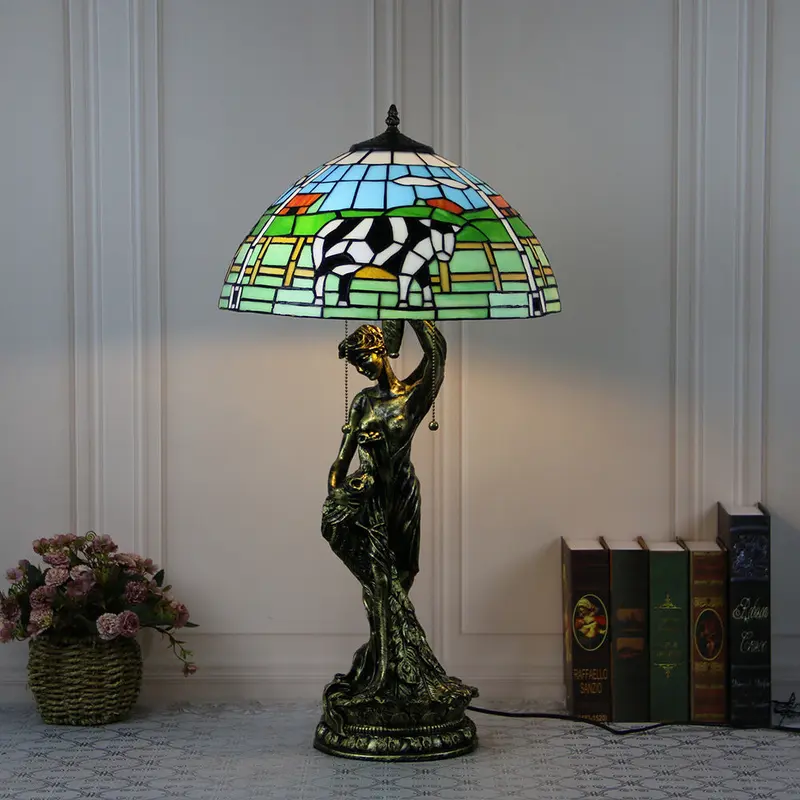 Traditional Tiffany Resin Glass Dome Grape Cow Diamond Pretty Woman Base 2-Light Table Lamp For Bedside