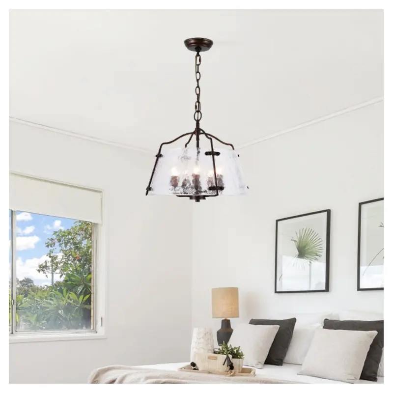 Traditional Vintage Transparent Cylinder Copper Glass 5-Light Chandelier For Bedroom