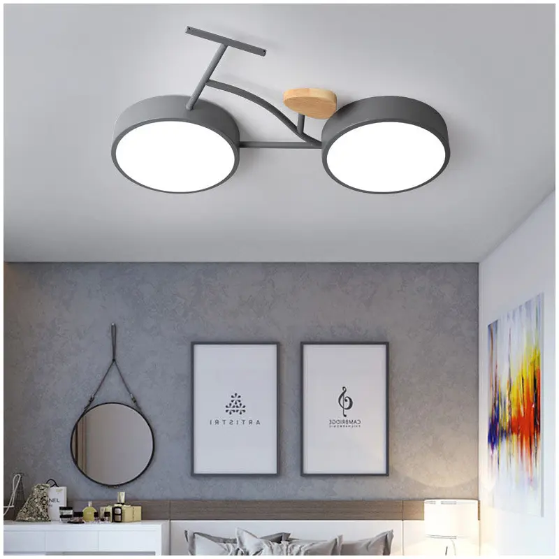 Contemporary Creative Bicycle Acrylic Wood LED Kids Flush Mount Ceiling Light For Living Room