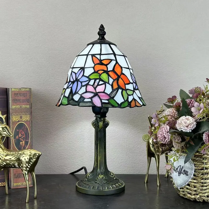 Traditional Tiffany Alloy Glass Dome Flower 1-Light Table Lamp For Bedside