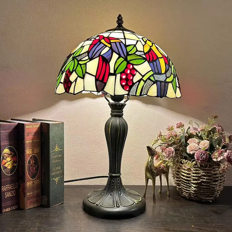 Traditional Tiffany Metal Glass Dome Grape Flower Dragonfly Butterfly 1-Light Table Lamp For Bedside
