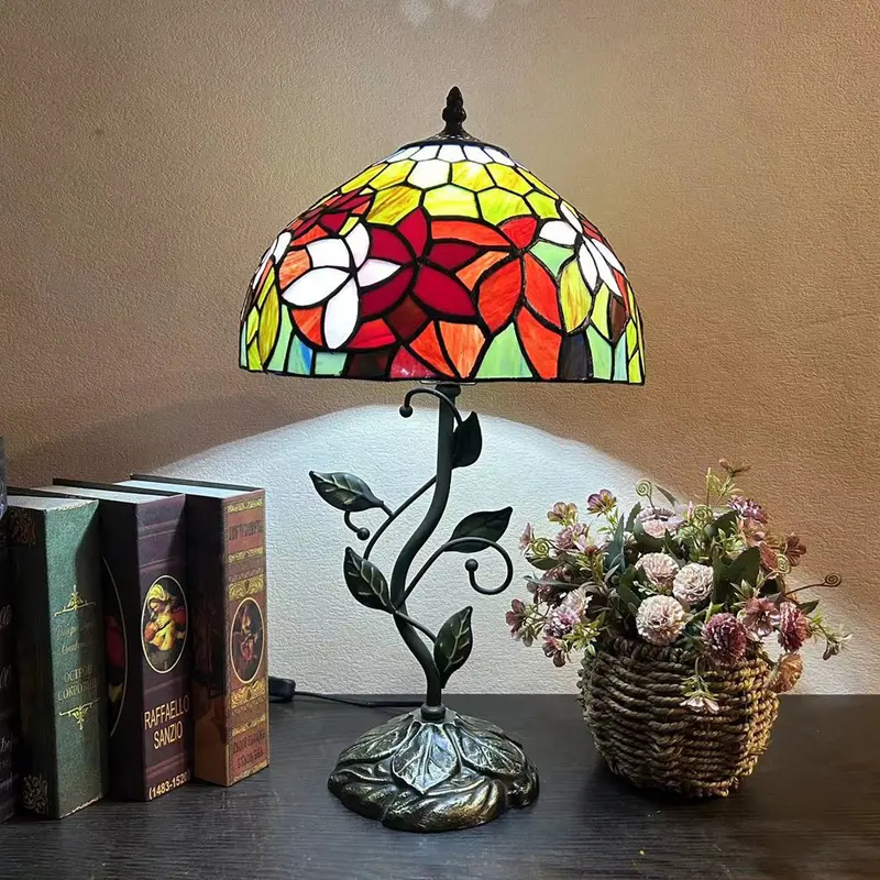 Traditional Tiffany Resin Glass Dome Conic Flower Leaf 1-Light Table Lamp For Bedside