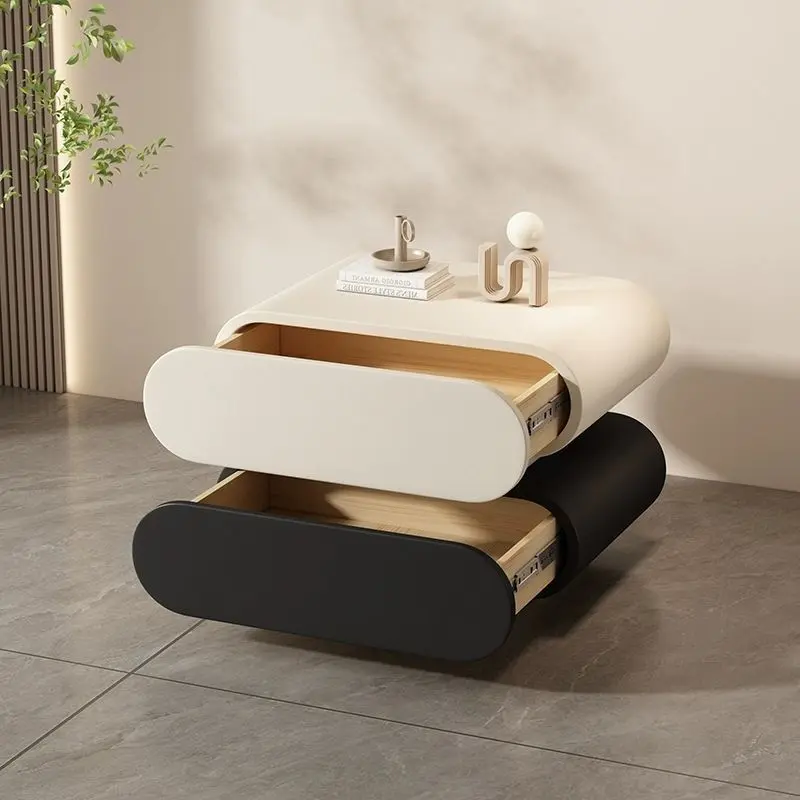 Contemporary Creative Microfiber Leather Solid Wood Rounded Square Nightstand 2-Drawer For Bedroom