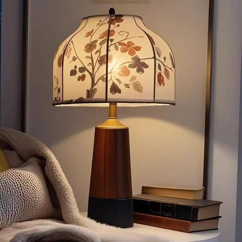 Modern Art Deco Copper Wood Fabric Umbrella Round 1-Light Table Lamp For Bedroom