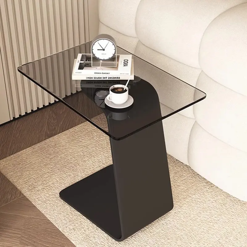Modern Minimalist Tempered Glass & Carbon Steel Rectangular C-Shaped End Table With 2-Tier Design For Living Room And Bedroom