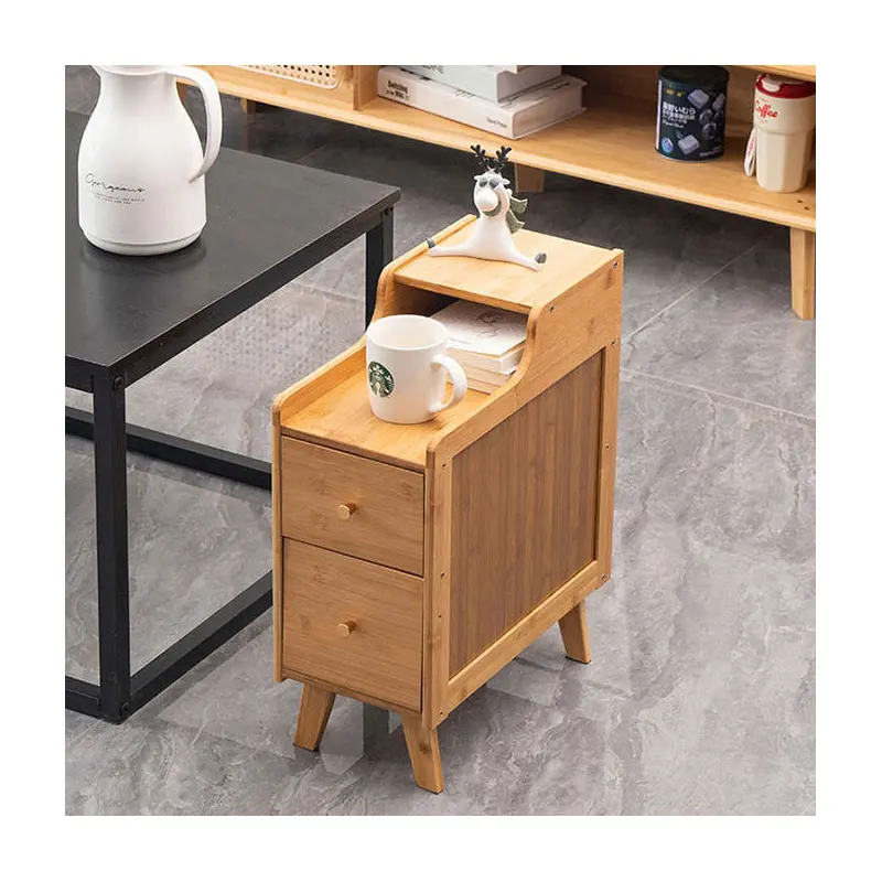 Traditional Chinese Bamboo Solid Wood Square Curved Nightstand 2-Drawer For Bedroom
