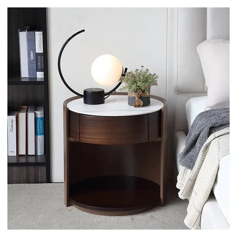 Traditional Chinese Sintered Stone Medium Density Fiberboard Round Cylinder Nightstand 2-Tier For Bedroom