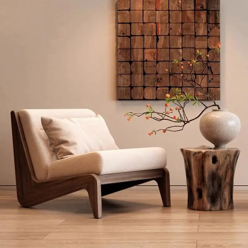 Traditional French Rectangular Cotton-Linen Fabric Solid Wood Accent Chair Backrest Armless For Living Room