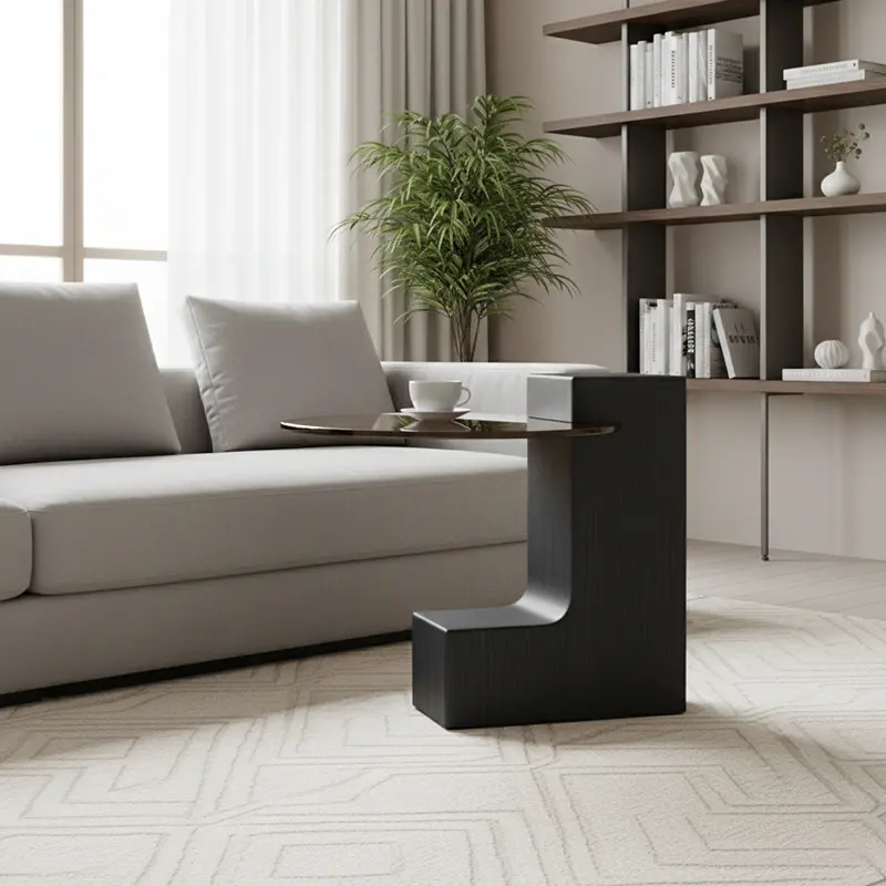 Traditional French Tempered Glass Solid Wood Round L-Shaped End Table With 1 Tier For Living Room