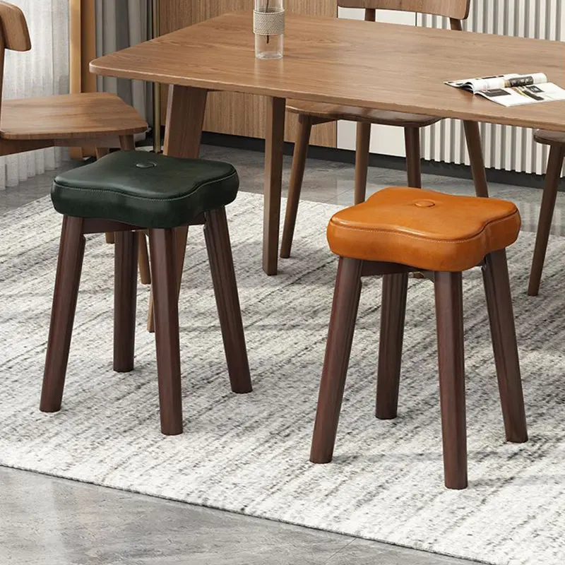 Traditional Vintage Flower Solid Wood Faux Oil Wax Leather Sponge Stackable Low Stool Backless Armless For Living Room