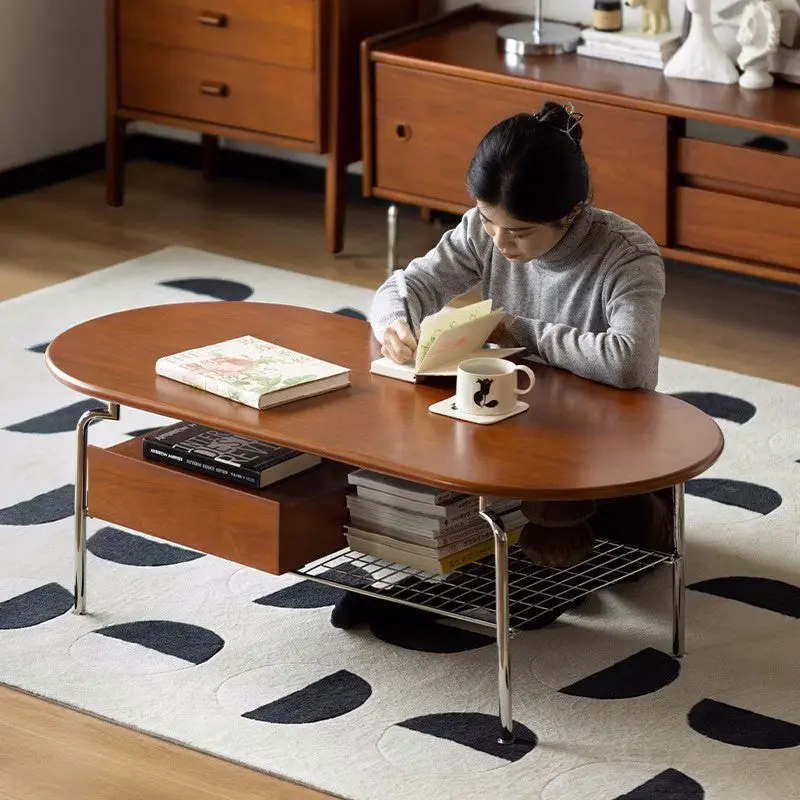 Traditional Vintage Oval Solid Wood Stainless Steel End Table 4-Leg 1-Drawer For Living Room