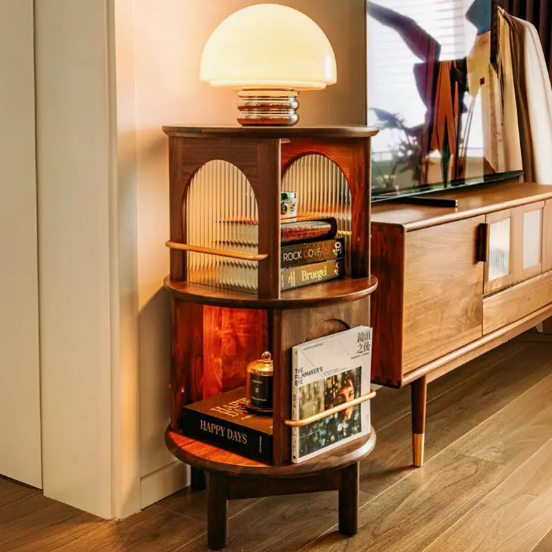 Traditional Vintage Solid Wood Glass Aluminum Alloy End Table 4-Leg 2-Shelf Rotatable For Living Room