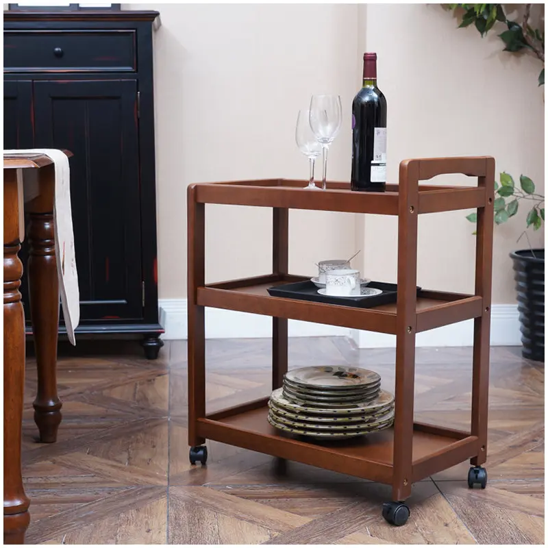 Traditional Vintage Solid Wood Mobile Rectangular Side Table 3-Tier For Dining Room