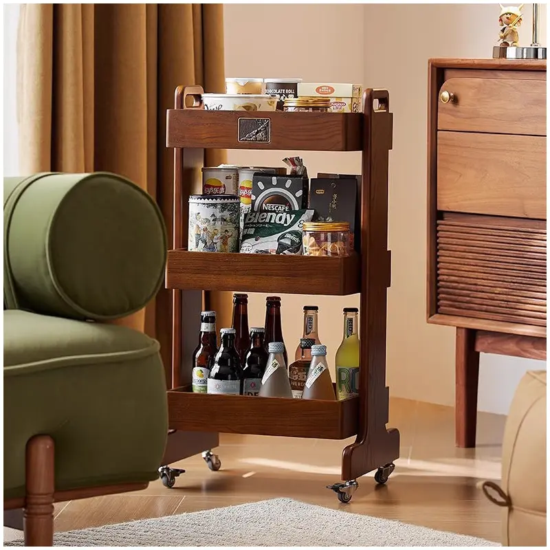 Traditional Vintage Solid Wood Mobile Square Side Table 3-Tier For Living Room