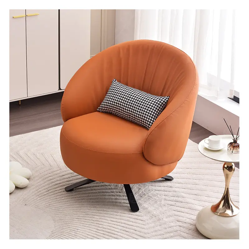 Contemporary Creative Eco-Leather Carbon Steel Curved Round Accent Chair With Backrest & Armrests For Living Room