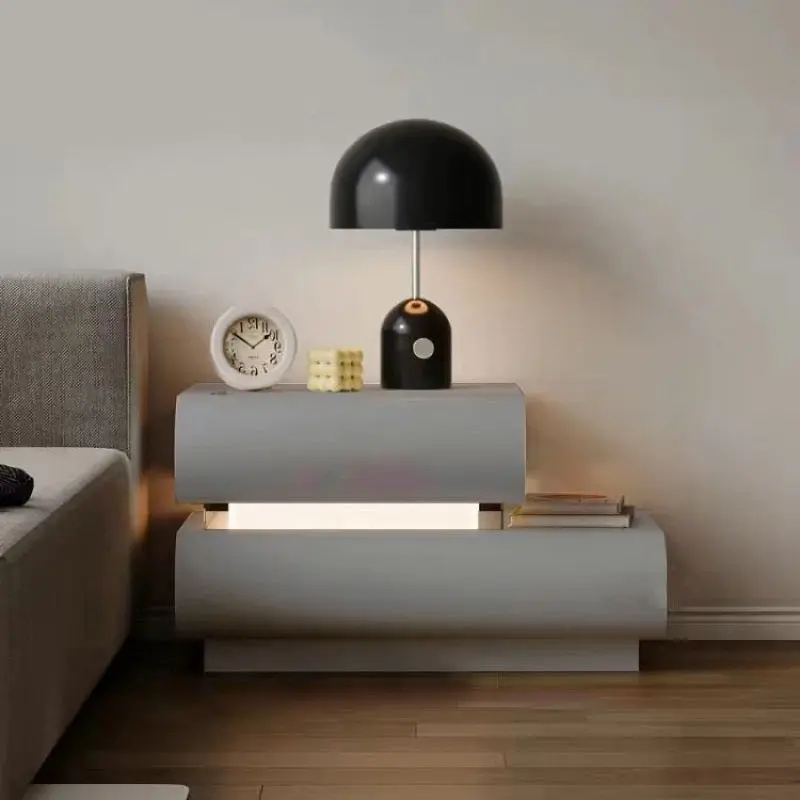 Contemporary Creative Microfiber Leather Solid Wood Curved Square Nightstand 2-Drawer For Bedroom