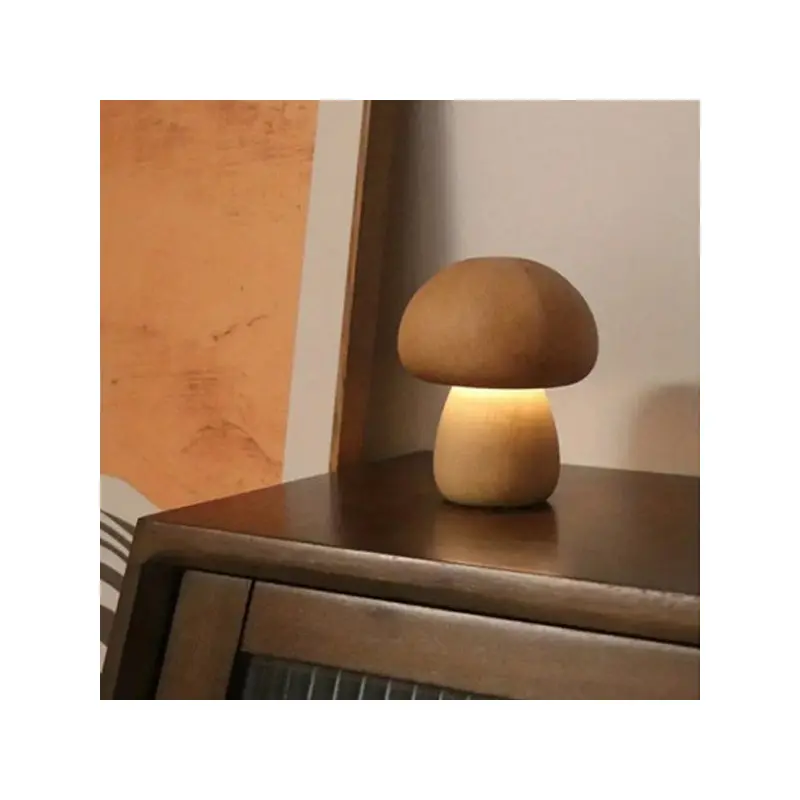 Contemporary Creative Wood Mushroom Round LED Table Lamp For Bedroom