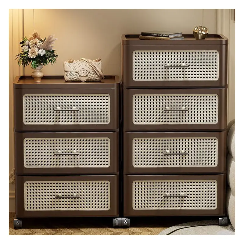 Traditional Chinese Faux Rattan PP Rounded Square Side Table 3/4-Tier For Living Room