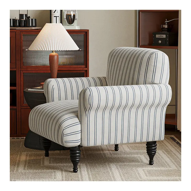 Traditional French Fabric Solid Wood Rounded Square Curved Accent Chair With Backrest & Armrests For Living Room