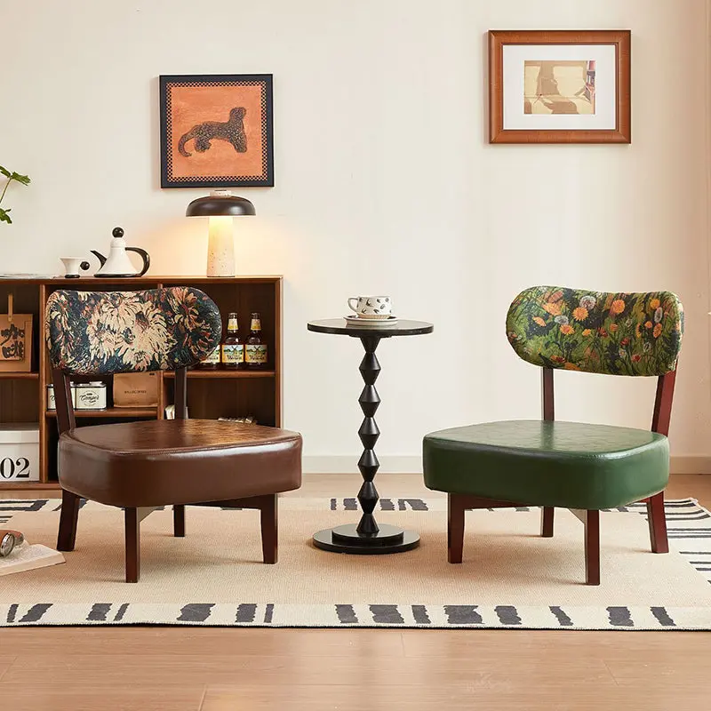 Traditional French Rectangular Cotton-Linen Fabric Oiled Leather Solid Wood Accent Chair Backrest Armless For Living Room