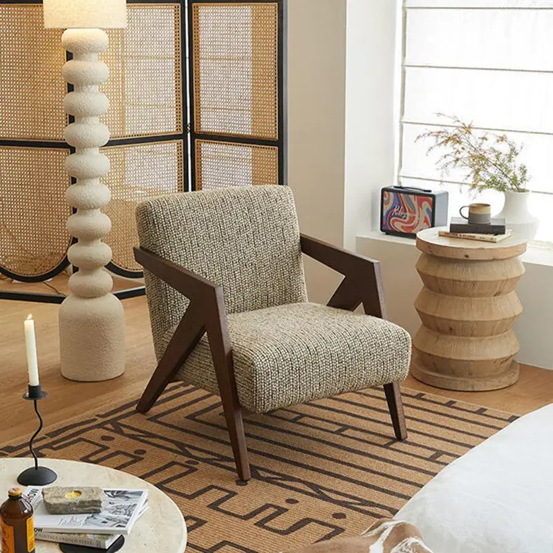 Traditional French Rectangular Cotton-Linen Fabric Solid Wood Accent Chair Backrest Armrest For Living Room