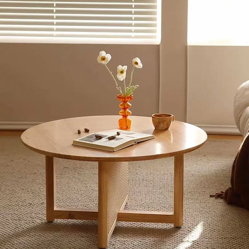 Traditional Japanese Round Rectangular Wicker-Woven Solid Wood Side Table 1-Tier For Living Room