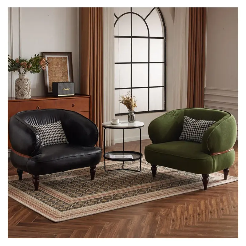 Traditional Vintage Oiled Wax Leather Corduroy Solid Wood Curved Semi-Enclosed Lounge Chair With Backrest & Armrests For Living Room