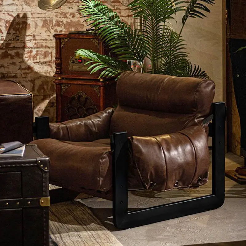 Traditional Vintage Rectangular Oil-Waxed Leather Iron Accent Chair Backrest Armrest For Living Room