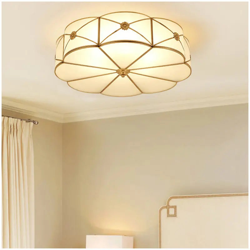 Traditional European Flower Petal Copper Glass 3/4/6 Light Flush Mount Ceiling Light For Living Room
