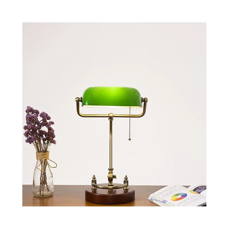 Traditional Vintage Curved Glass Solid Wood Base 1-Light Table Lamp For Study