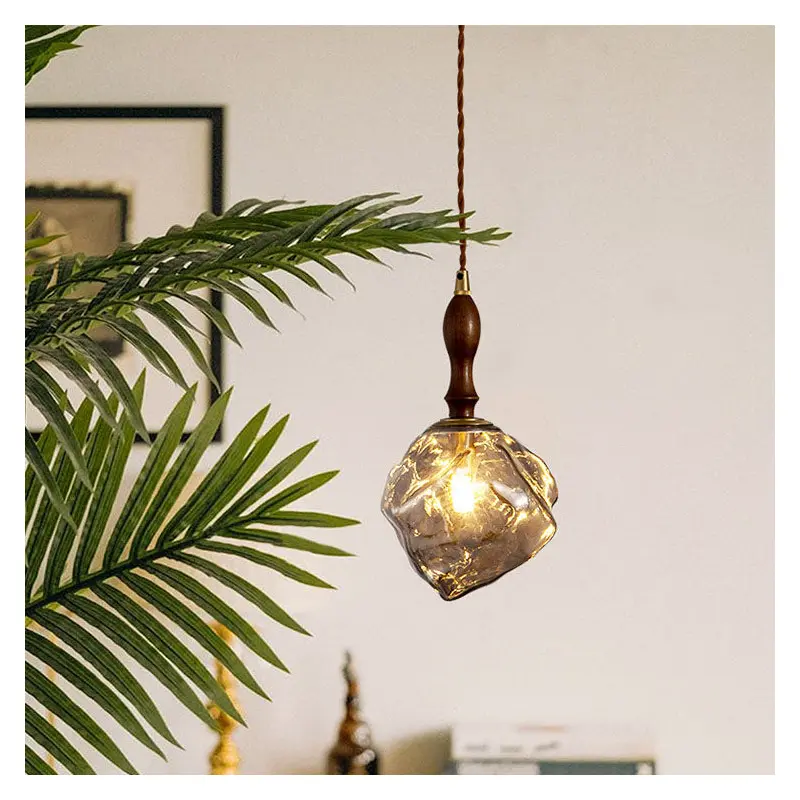 Traditional Vintage Irregular Ice Cube Shape Glass Aluminum Wood 1-Light Pendant Light For Living Room