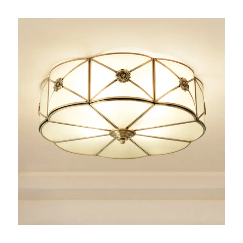 Traditional European Brass Glass Round Hand Carved 3/4/6 Light Flush Mount Ceiling Light For Living Room