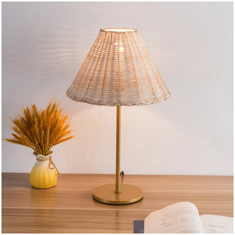 Contemporary Boho Round Trapezoidal Cylinder Base Rattan Metal 1-Light Table Lamp For Bedroom