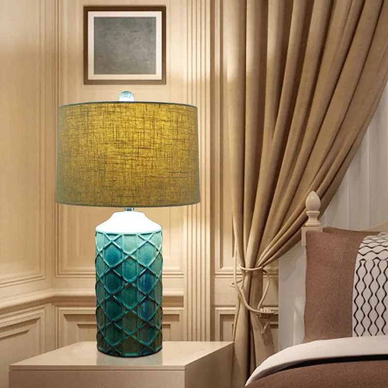 Traditional Vintage Cylinder Stripe Base Ceramic Fabric 1-Light Table Lamp For Bedroom