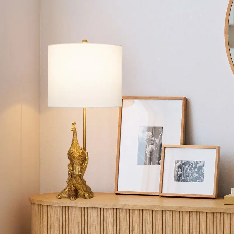 Traditional Vintage Cylindrical Peacock Resin Gold Foil Fabric 1-Light Table Lamp For Bedroom