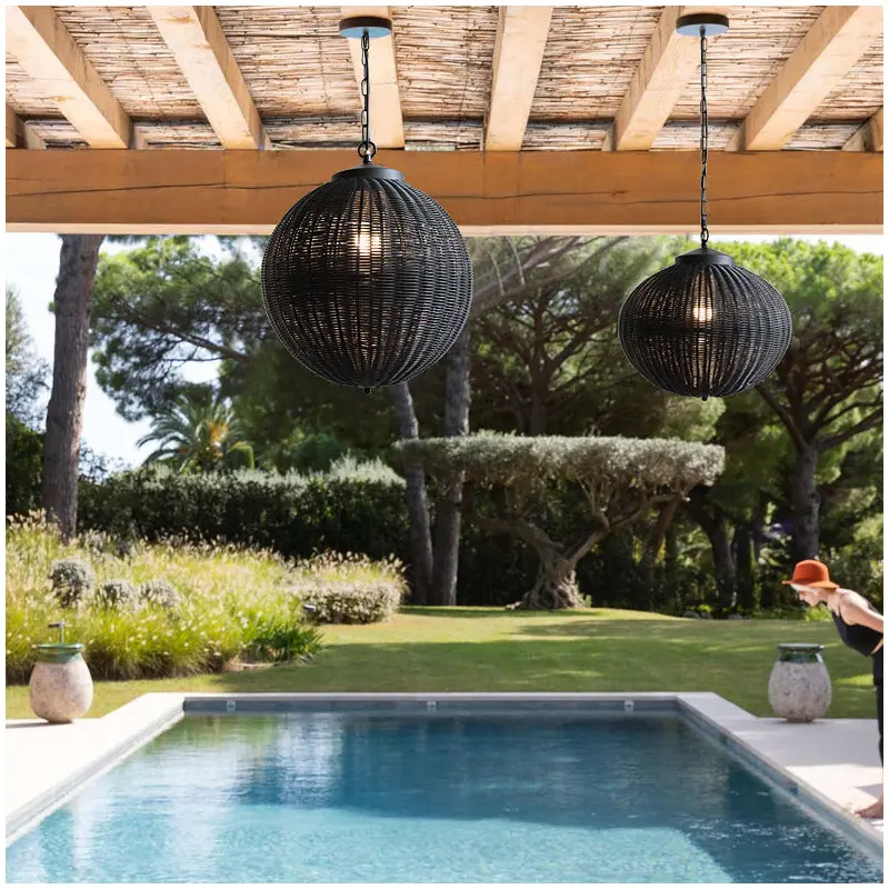 Traditional Vintage Round Rattan Lantern Iron 1-Light Waterproof Outdoor Pendant Light For Garden