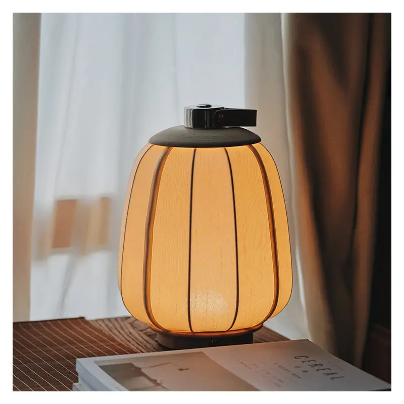 Traditional Japanese Portable Round Lantern Wood Silk Fabric Stainless Steel LED Table Lamp For Living Room